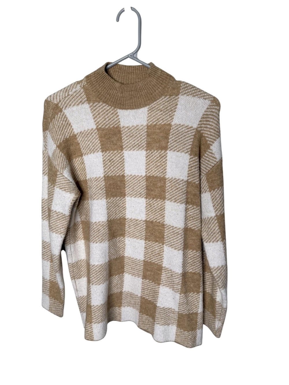 LOFT Tan Cream Buffalo Plaid Mock Neck Sweater Size M Medium Wool Blend